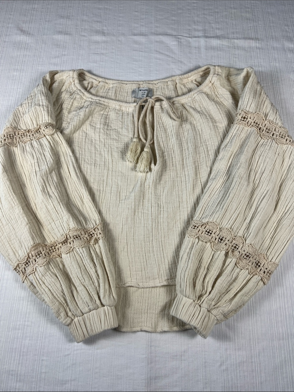One Teaspoon Cotton Cream Boho Peasant Blouse with Tassel Tie